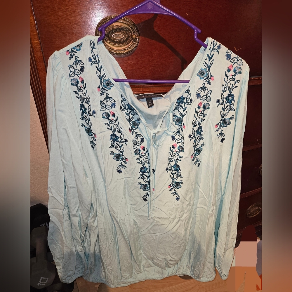 Lane Bryant Light Blue Embroidered Peasant Tunic